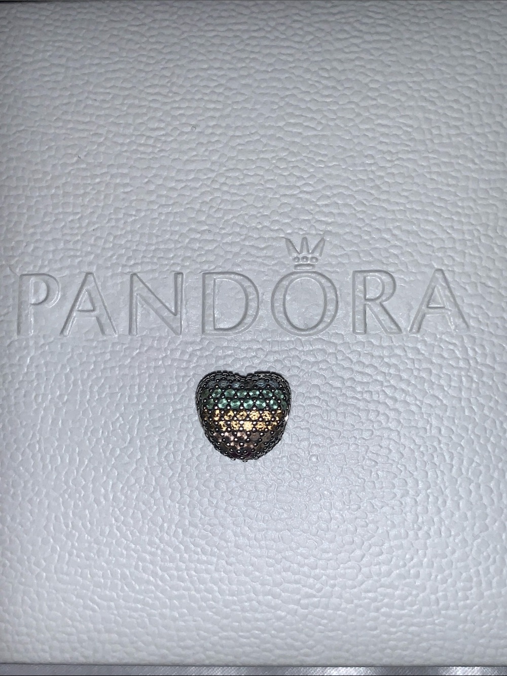 Pandora Heart Charm with Green and Gold Pavé clip.